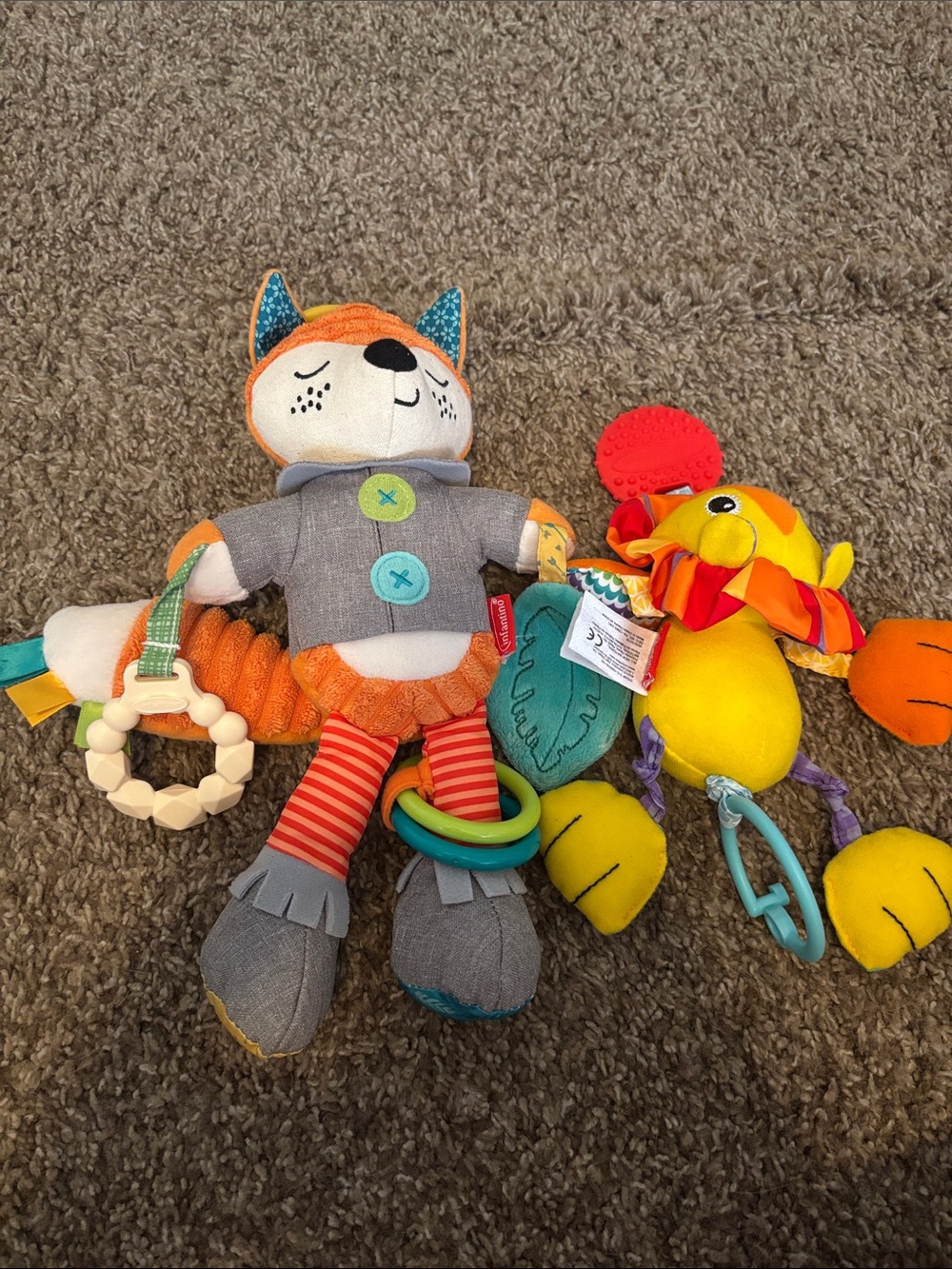 Infantino Orange Teal Fox and Yellow Chick Plush Activity Set